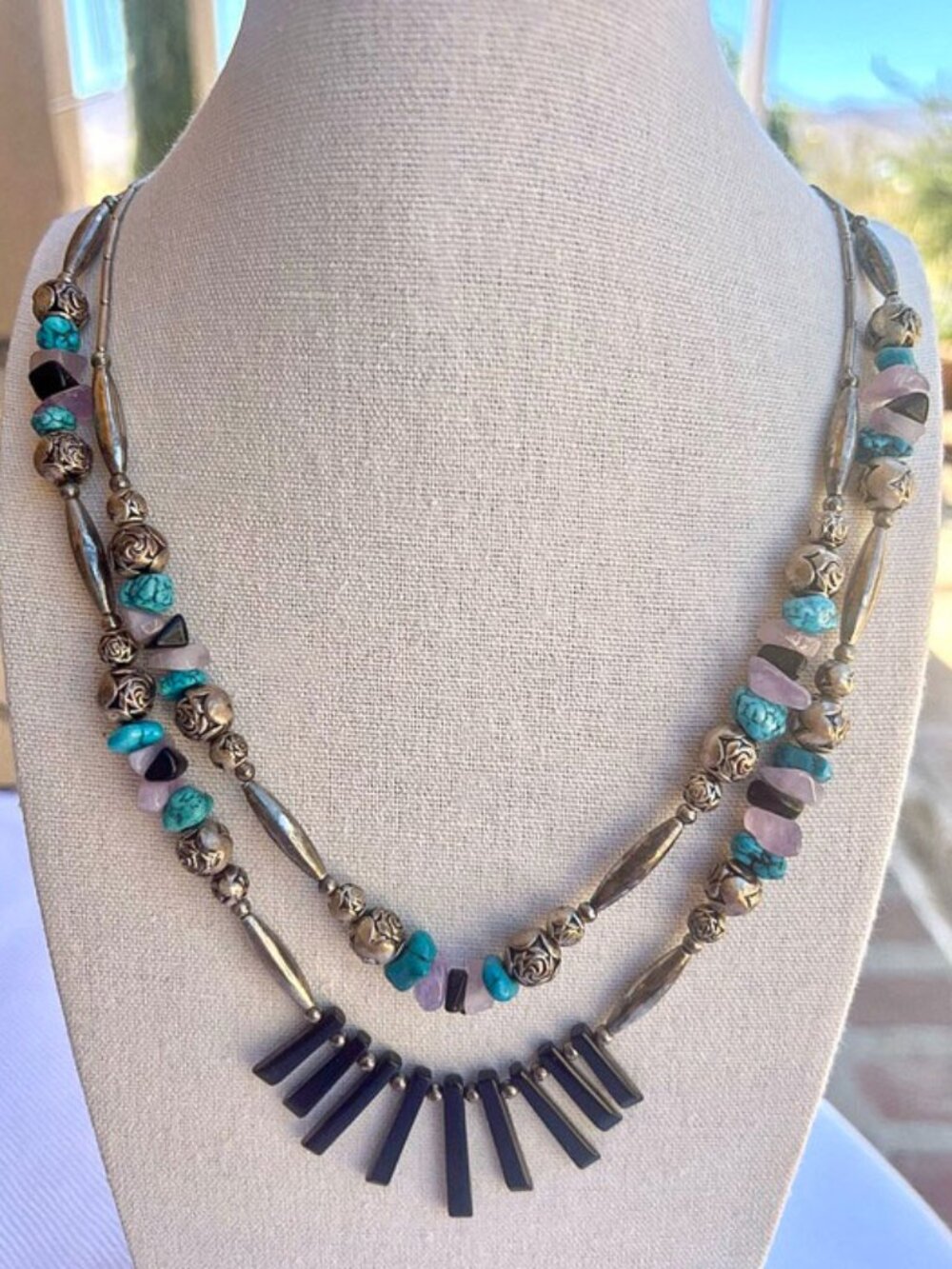 Beaded Turquoise & Pink Double-Layer Women’s Necklace